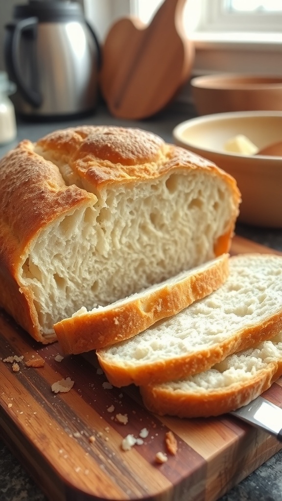 Freshly baked homemade bread loaf sliced on a wooden board with a butter knife.